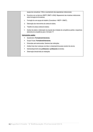 6 | P a g e C e r t i f i c a d o “ C ” E m E d u c a ç ã o P r o f i s s i o n a l / 2 0 1 5
equipa dos consultores; ToRs e Levantamento das espectativas institucionais);
b. Encontros com os técnicos (INEFP, DINET e DAQ): Mapeamento das iniciativas institucionais
sobre formação de formadores;
c. Formação de uma equipa de trabalho (Consultores + INEFP + DINET);
d. Elaboração dos instrumentos de colecta de dados;
e. Trabalho de campo (colecta de dados);
f. Analise dos dados e elaboração da proposta das Unidades de competência padrão e respectivos
elementos de competência para o formador “C”
Instrumentos usados:
 Questionário: Formadores/instrutores;
 Grupos Focais: Formadores/Instrutores;
 Entrevistas semí-estruturadas: Gestores das instituições;
 Análise linear das mudanças ocorridas no desempenho/sucesso escolar dos alunos;
 Estórias/depoimento das professoras e professores envolvidos;
 Observação directa/visita às instalações
 