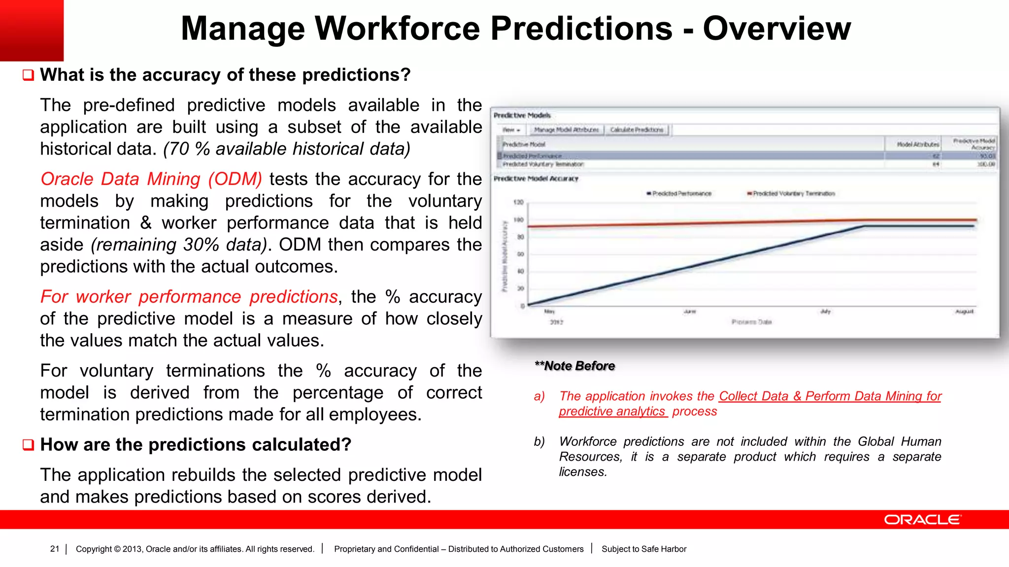 Copyright © 2013, Oracle and/or its affiliates. All rights reserved. Proprietary and Confidential – Distributed to Authorized Customers Subject to Safe Harbor21
Manage Workforce Predictions - Overview
 What is the accuracy of these predictions?
The pre-defined predictive models available in the
application are built using a subset of the available
historical data. (70 % available historical data)
Oracle Data Mining (ODM) tests the accuracy for the
models by making predictions for the voluntary
termination & worker performance data that is held
aside (remaining 30% data). ODM then compares the
predictions with the actual outcomes.
For worker performance predictions, the % accuracy
of the predictive model is a measure of how closely
the values match the actual values.
For voluntary terminations the % accuracy of the
model is derived from the percentage of correct
termination predictions made for all employees.
 How are the predictions calculated?
The application rebuilds the selected predictive model
and makes predictions based on scores derived.
**Note Before
a) The application invokes the Collect Data & Perform Data Mining for
predictive analytics process
b) Workforce predictions are not included within the Global Human
Resources, it is a separate product which requires a separate
licenses.
 