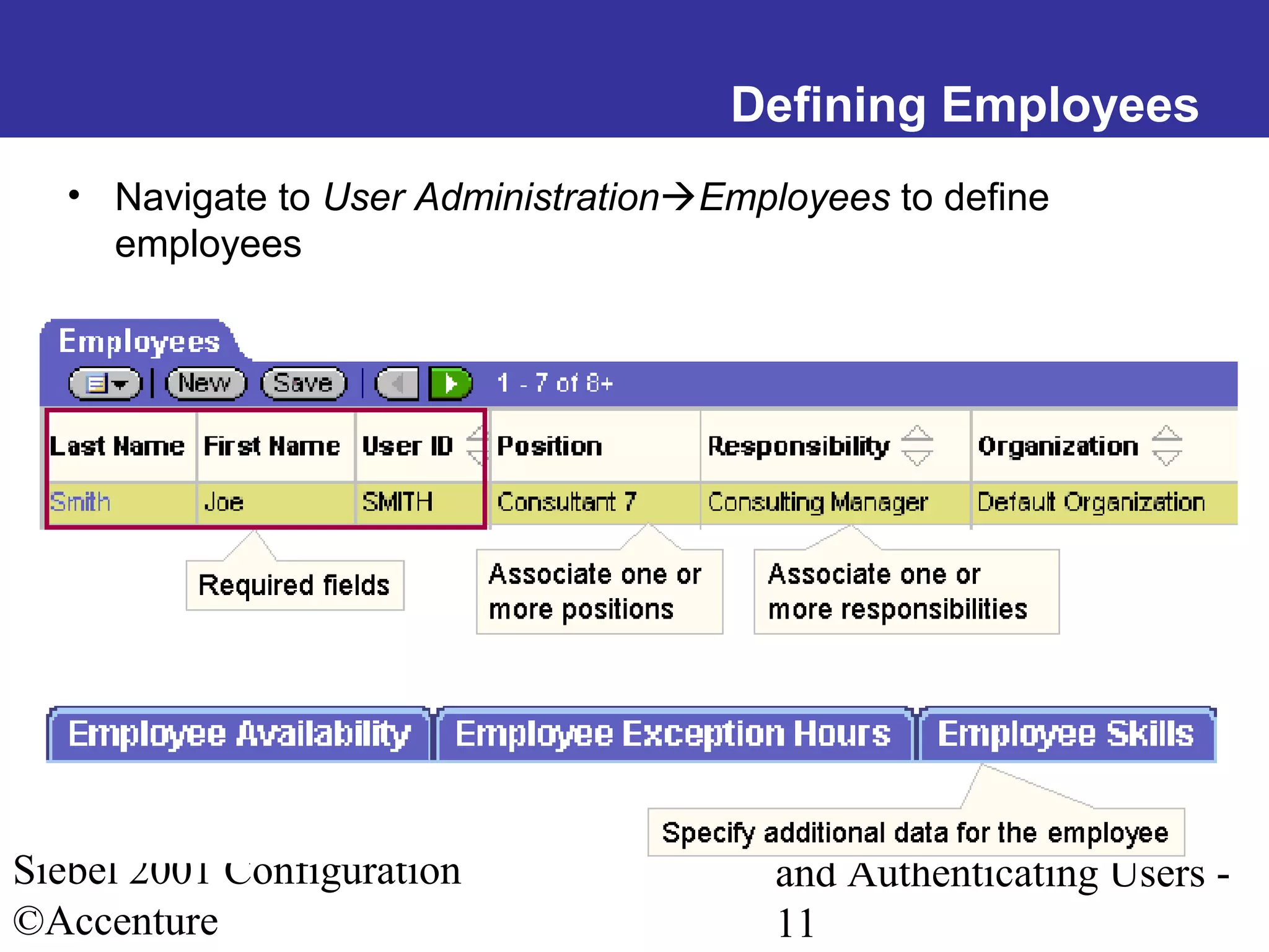 Defining Employees
• Navigate to User AdministrationEmployees to define
employees

Siebel 2001 Configuration
©Accenture

Creating an Organization
and Authenticating Users 11

 