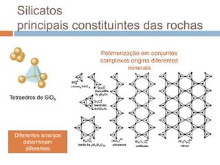 Silicatos
  principais constituintes das rochas

                       Polimerização em conjuntos
                       complexos origina diferentes
                                minerais



Tetraedros de SiO4




 Diferentes arranjos
     determinam
      diferentes
    propriedades
 