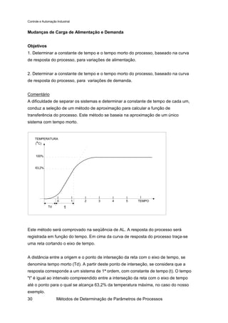 Controle e Automação Industrial


Mudanças de Carga de Alimentação e Demanda


Objetivos
1. Determinar a constante de tempo e o tempo morto do processo, baseado na curva
de resposta do processo, para variações de alimentação.


2. Determinar a constante de tempo e o tempo morto do processo, baseado na curva
de resposta do processo, para variações de demanda.


Comentário
A dificuldade de separar os sistemas e determinar a constante de tempo de cada um,
conduz a seleção de um método de aproximação para calcular a função de
transferência do processo. Este método se baseia na aproximação de um único
sistema com tempo morto.


     TEMPERATURA
      o
     ( C)



      100%


     63,2%




                     0            1   2   3    4     5     TEMPO
               Td         τ



Este método será comprovado na seqüência de AL. A resposta do processo será
registrada em função do tempo. Em cima da curva de resposta do processo traça-se
uma reta cortando o eixo de tempo.


A distância entre a origem e o ponto de interseção da reta com o eixo de tempo, se
denomina tempo morto (Td). A partir deste ponto de interseção, se considera que a
resposta corresponde a um sistema de 1ª ordem, com constante de tempo (t). O tempo
"t" é igual ao intervalo compreendido entre a interseção da reta com o eixo de tempo
até o ponto para o qual se alcança 63,2% da temperatura máxima, no caso do nosso
exemplo.
30                   Métodos de Determinação de Parâmetros de Processos
 