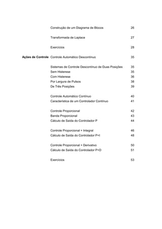 Construção de um Diagrama de Blocos                 26


                  Transformada de Laplace                             27


                  Exercícios                                          28


Ações de Controle Controle Automático Descontínuo                     35


                  Sistemas de Controle Descontínuo de Duas Posições   35
                  Sem Histerese                                       35
                  Com Histerese                                       36
                  Por Largura de Pulsos                               38
                  De Três Posições                                    39


                  Controle Automático Contínuo                        40
                  Característica de um Controlador Contínuo           41


                  Controle Proporcional                               42
                  Banda Proporcional                                  43
                  Cálculo de Saída do Controlador P                   44


                  Controle Proporcional + Integral                    46
                  Cálculo de Saída do Controlador P+I                 48


                  Controle Proporcional + Derivativo                  50
                  Cálculo de Saída do Controlador P+D                 51


                  Exercícios                                          53
 