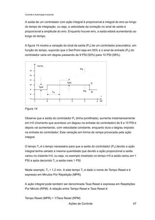 Controle e Automação Industrial


A saída de um controlador com ação integral é proporcional à integral do erro ao longo
do tempo de integração, ou seja, a velocidade da correção no sinal de saída é
proporcional a amplitude do erro. Enquanto houver erro, a saída estará aumentando ao
longo do tempo.


A figura 14 mostra a variação do sinal de saída (PS) de um controlador pneumático, em
função do tempo, supondo que o Set-Point seja em 50% e o sinal de entrada (Pe) do
controlador varie em degrau passando de 9 PSI (50%) para 10 PSI (58%).


             Pe-Ps
                                                 Ps
     13


     12


     11
                                      1psi                 C
     10
              1psi
     9
                             Tv                       Pe   D
     8
                                                                    t
     7
                       0          1          2        3        4   min




Figura 14


Observe que a saída do controlador Ps (linha pontilhada), aumenta instantaneamente
em t=0 (momento que acontece um degrau na entrada do controlador) de 9 a 10 PSI e
depois vai aumentando, com velocidade constante, enquanto dura o degrau imposto
na entrada do controlador. Esta variação em forma de rampa provocada pela ação
integral.


O tempo Tv é o tempo necessário para que a saída do controlador (Ps) devido a ação
integral tenha variado a mesma quantidade que devido a ação proporcional a saída
variou no instante t=0, ou seja, no exemplo mostrado no tempo t=0 a saída variou em 1
PSI a após decorrido Tv a saída mais 1 PSI.


Neste exemplo, Tv = 1,2 min. A este tempo Tv é dado o nome de Tempo Reset e é
expresso em Minutos Por Repetição (MPR).


A ação integral pode também ser denominada Taxa Reset e expressa em Repetições
Por Minuto (RPM). A relação entre Tempo Reset e Taxa Reset é:


Tempo Reset (MPR) = 1/Taxa Reset (RPM)
                                       Ações de Controle                           47
 
