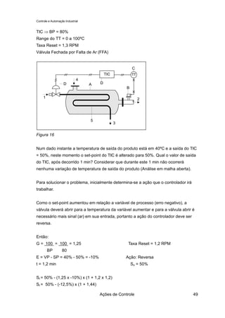 Controle e Automação Industrial


TIC ⇒ BP = 80%
Range do TT = 0 a 100ºC
Taxa Reset = 1,3 RPM
Válvula Fechada por Falta de Ar (FFA)


                                                        C
                                          TIC           TT
                             4
                    D             A   D
                                                    B

     1                                                       2




                                  5
                                                3


Figura 16


Num dado instante a temperatura de saída do produto está em 40ºC e a saída do TIC
= 50%, neste momento o set-point do TIC é alterado para 50%. Qual o valor de saída
do TIC, após decorrido 1 min? Considerar que durante este 1 min não ocorrerá
nenhuma variação de temperatura de saída do produto (Análise em malha aberta).


Para solucionar o problema, inicialmente determina-se a ação que o controlador irá
trabalhar.


Como o set-point aumentou em relação a variável de processo (erro negativo), a
válvula deverá abrir para a temperatura da variável aumentar e para a válvula abrir é
necessário mais sinal (ar) em sua entrada, portanto a ação do controlador deve ser
reversa.


Então:
G = 100 = 100 = 1,25                                 Taxa Reset = 1,2 RPM
         BP        80
E = VP - SP = 40% - 50% = -10%                      Ação: Reversa
t = 1,2 min                                             So = 50%


St = 50% - (1,25 x -10%) x (1 + 1,2 x 1,2)
St = 50% - (-12,5%) x (1 + 1,44)

                                      Ações de Controle                              49
 