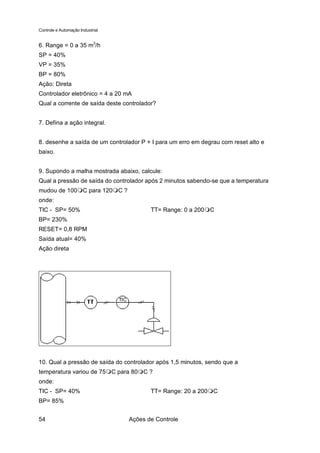 Controle e Automação Industrial


6. Range = 0 a 35 m3/h
SP = 40%
VP = 35%
BP = 80%
Ação: Direta
Controlador eletrônico = 4 a 20 mA
Qual a corrente de saída deste controlador?


7. Defina a ação integral.


8. desenhe a saída de um controlador P + I para um erro em degrau com reset alto e
baixo.


9. Supondo a malha mostrada abaixo, calcule:
Qual a pressão de saída do controlador após 2 minutos sabendo-se que a temperatura
mudou de 100 C para 120 C ?
onde:
TIC - SP= 50%                            TT= Range: 0 a 200 C
BP= 230%
RESET= 0,8 RPM
Saída atual= 40%
Ação direta




10. Qual a pressão de saída do controlador após 1,5 minutos, sendo que a
temperatura variou de 75 C para 80 C ?
onde:
TIC - SP= 40%                            TT= Range: 20 a 200 C
BP= 85%


54                                Ações de Controle
 