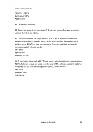 Controle e Automação Industrial


RESET= 1,2 RPM
Saída atual= 55%
Ação reversa


11. Defina ação derivativa.


12. Desenhe a saída de um controlador P+D para um erro em forma de rampa com
valor da derivativa alta e baixa.


13. Um controlador tem seu range de -100 C a +100 C. O mesmo está com a
variável estabilizada no set-point, sendo 50% o sinal de saída. Sabendo-se que a
variável variou 20 C/min para menos durante 2 minutos, calcule a saída deste
controlador após 2 minutos, sendo:
BP= 200%
Ação reversa
Pré-Act = 1,5 min


14. O controlador de range 0 à 20 PSI está com a variável estabilizada no set-point em
12 PSI. Sabendo-se que sua saída encontra-se em 45%, calcule a sua saída após 1,5
min sendo que set point irá variar para mais em 2,5%/min. Dados:
BP= 200%
Pré-Act = 2min
Ação Direta




                                    Ações de Controle                              55
 