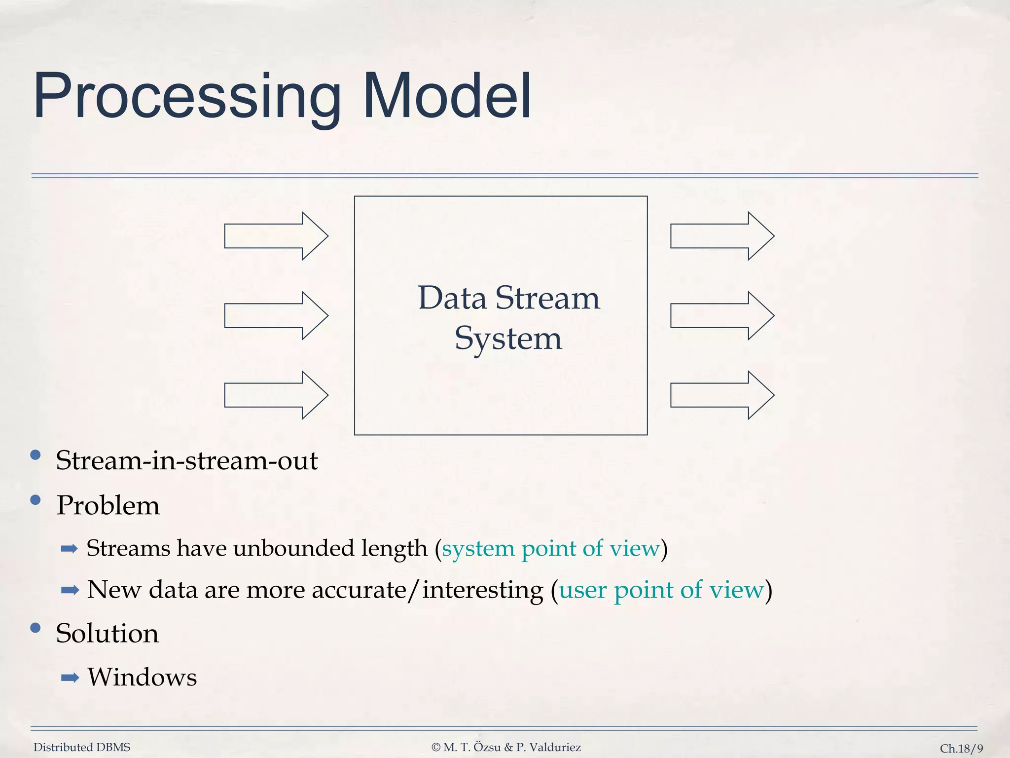 Distributed DBMS © M. T. Özsu & P. Valduriez Ch.18/9 Processing Model • Stream-in-stream-out • Problem ➡ Streams have unbounded length (system point of view) ➡ New data are more accurate/interesting (user point of view) • Solution ➡ Windows Data Stream System 