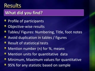 Profile of participants
Objective-wise results
Tables/ Figures: Numbering, Title, foot notes
Avoid duplication in tables / figures
Result of statistical tests
Mention number (n) for %, means
Mention units for quantitative data
Minimum, Maximum values for quantitative
95% for any statistic based on sample
What did you find?What did you find?
 