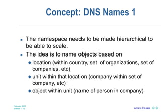 Jump to first page
February 2003
slideset 1 -10
Concept: DNS Names 1
 The namespace needs to be made hierarchical to
be able to scale.
 The idea is to name objects based on
 location (within country, set of organizations, set of
companies, etc)
 unit within that location (company within set of
company, etc)
 object within unit (name of person in company)
 