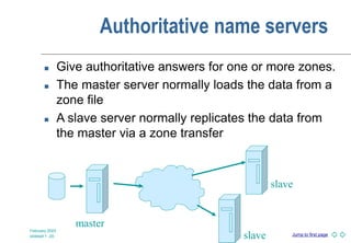 Jump to first page
February 2003
slideset 1 -20
Authoritative name servers
 Give authoritative answers for one or more zones.
 The master server normally loads the data from a
zone file
 A slave server normally replicates the data from
the master via a zone transfer
master
slave
slave
 