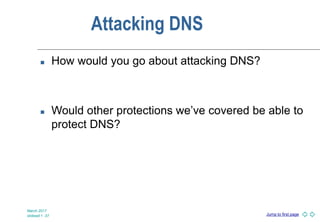 Jump to first page
Attacking DNS
 How would you go about attacking DNS?
 Would other protections we’ve covered be able to
protect DNS?
March 2017
slideset 1 -37
 