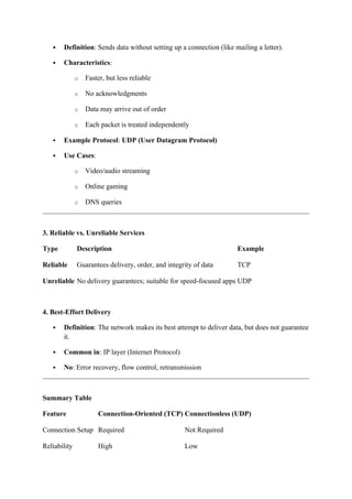  Definition: Sends data without setting up a connection (like mailing a letter).
 Characteristics:
o Faster, but less reliable
o No acknowledgments
o Data may arrive out of order
o Each packet is treated independently
 Example Protocol: UDP (User Datagram Protocol)
 Use Cases:
o Video/audio streaming
o Online gaming
o DNS queries
3. Reliable vs. Unreliable Services
Type Description Example
Reliable Guarantees delivery, order, and integrity of data TCP
Unreliable No delivery guarantees; suitable for speed-focused apps UDP
4. Best-Effort Delivery
 Definition: The network makes its best attempt to deliver data, but does not guarantee
it.
 Common in: IP layer (Internet Protocol)
 No: Error recovery, flow control, retransmission
Summary Table
Feature Connection-Oriented (TCP) Connectionless (UDP)
Connection Setup Required Not Required
Reliability High Low
 