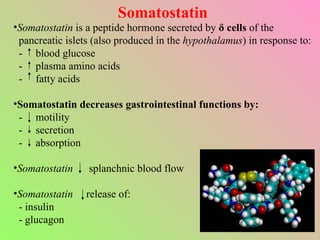 Somatostatin Somatostatin  is a peptide hormone secreted by  δ cells  of the pancreatic islets (also produced in the  hypothalamus ) in response to: -  blood glucose -  plasma amino acids -  fatty acids Somatostatin decreases gastrointestinal functions by: -  motility -  secretion -  absorption   Somatostatin  splanchnic blood flow Somatostatin   release of: - insulin - glucagon 