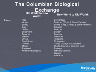 The Columbian Biological
ExchangeOld World to New
World:
New World to Old World:
Plants: Rice
Wheat
Barley
Oats
Coffee
Sugarcane
Bananas
Melons
Olives
Dandelions
Daisies
Clover
Ragweed
Kentucky Bluegrass
Corn (Maize)
Potatoes (White & Sweet Varieties)
Beans (Snap, Kidney, & Lima Varieties)
Tobacco
Peanuts
Squash
Peppers
Tomatoes
Pumpkins
Pineapples
Cacao (Source of Chocolate)
Chicle (Source of Chewing Gum)
Papayas
Manioc (Tapioca)
Guavas
Avocados
 