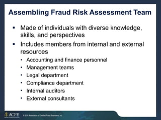 Assembling Fraud Risk Assessment Team
 Made of individuals with diverse knowledge,
skills, and perspectives
Includes members from internal and external
resources

•
•
•
•
•
•
Accounting and finance personnel
Management teams
Legal department
Compliance department
Internal auditors
External consultants
8 of 27
© 2016 Association of Certified Fraud Examiners, Inc.
 