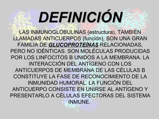 DEFINICIÓN LAS INMUNOGLOBULINAS ( estructura ), TAMBIÉN LLAMADAS ANTICUERPOS ( función) , SON UNA GRAN FAMILIA DE  GLUCOPROTEÍNAS  RELACIONADAS, PERO NO IDÉNTICAS.  SON MOLÉCULAS PRODUCIDAS POR LOS LINFOCITOS B UNIDOS A LA MEMBRANA. LA INTERACCIÓN DEL ANTÍGENO CON LOS ANTICUERPOS DE MEMBRANA DE LAS CÉLULAS B CONSTITUYE LA FASE DE RECONOCIMIENTO DE LA INMUNIDAD HUMORAL. LA  FUNCIÓN  DEL ANTICUERPO CONSISTE EN UNIRSE AL ANTÍGENO Y PRESENTARLO   A CÉLULAS EFECTORAS DEL SISTEMA INMUNE.  