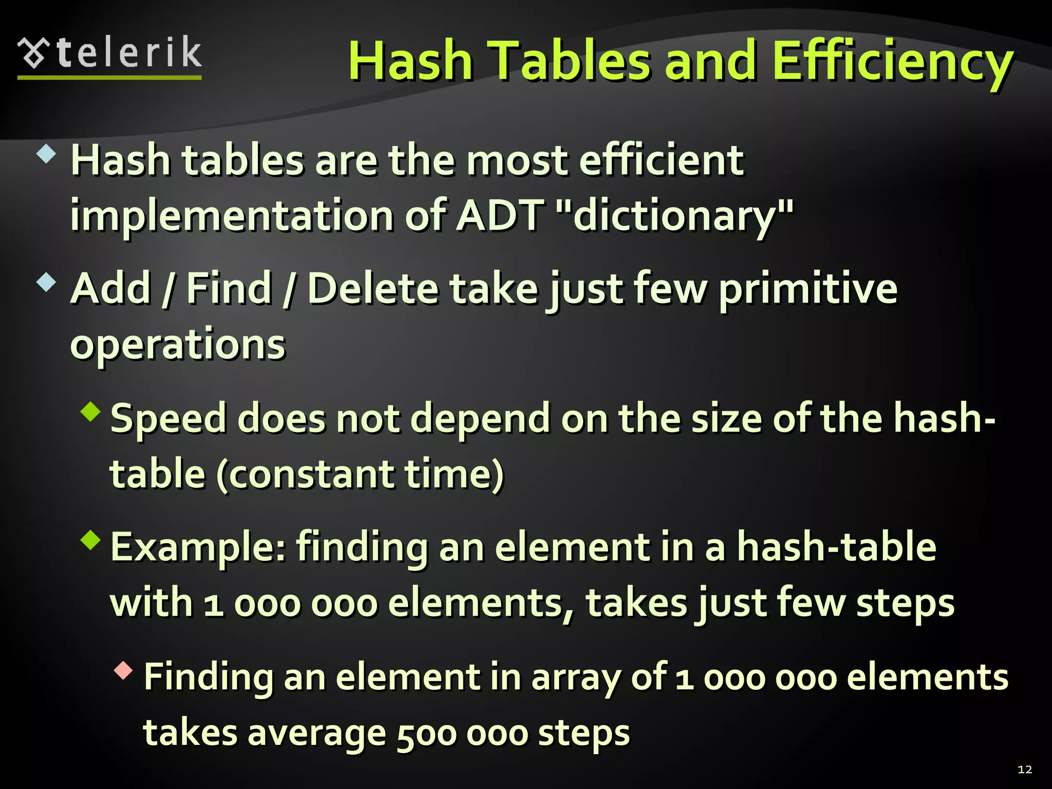 HHaasshh TTaabblleess aanndd EEffffiicciieennccyy 
HHaasshh ttaabblleess aarree tthhee mmoosstt eeffffiicciieenntt 
iimmpplleemmeennttaattiioonn ooff AADDTT ""ddiiccttiioonnaarryy"" 
AAdddd // FFiinndd // DDeelleettee ttaakkee jjuusstt ffeeww pprriimmiittiivvee 
ooppeerraattiioonnss 
SSppeeeedd ddooeess nnoott ddeeppeenndd oonn tthhee ssiizzee ooff tthhee hhaasshh-- 
ttaabbllee ((ccoonnssttaanntt ttiimmee)) 
EExxaammppllee:: ffiinnddiinngg aann eelleemmeenntt iinn aa hhaasshh--ttaabbllee 
wwiitthh 11 000000 000000 eelleemmeennttss,, ttaakkeess jjuusstt ffeeww sstteeppss 
FFiinnddiinngg aann eelleemmeenntt iinn aarrrraayy ooff 11 000000 000000 eelleemmeennttss 
ttaakkeess aavveerraaggee 50000 000000 sstteeppss 
12 
 