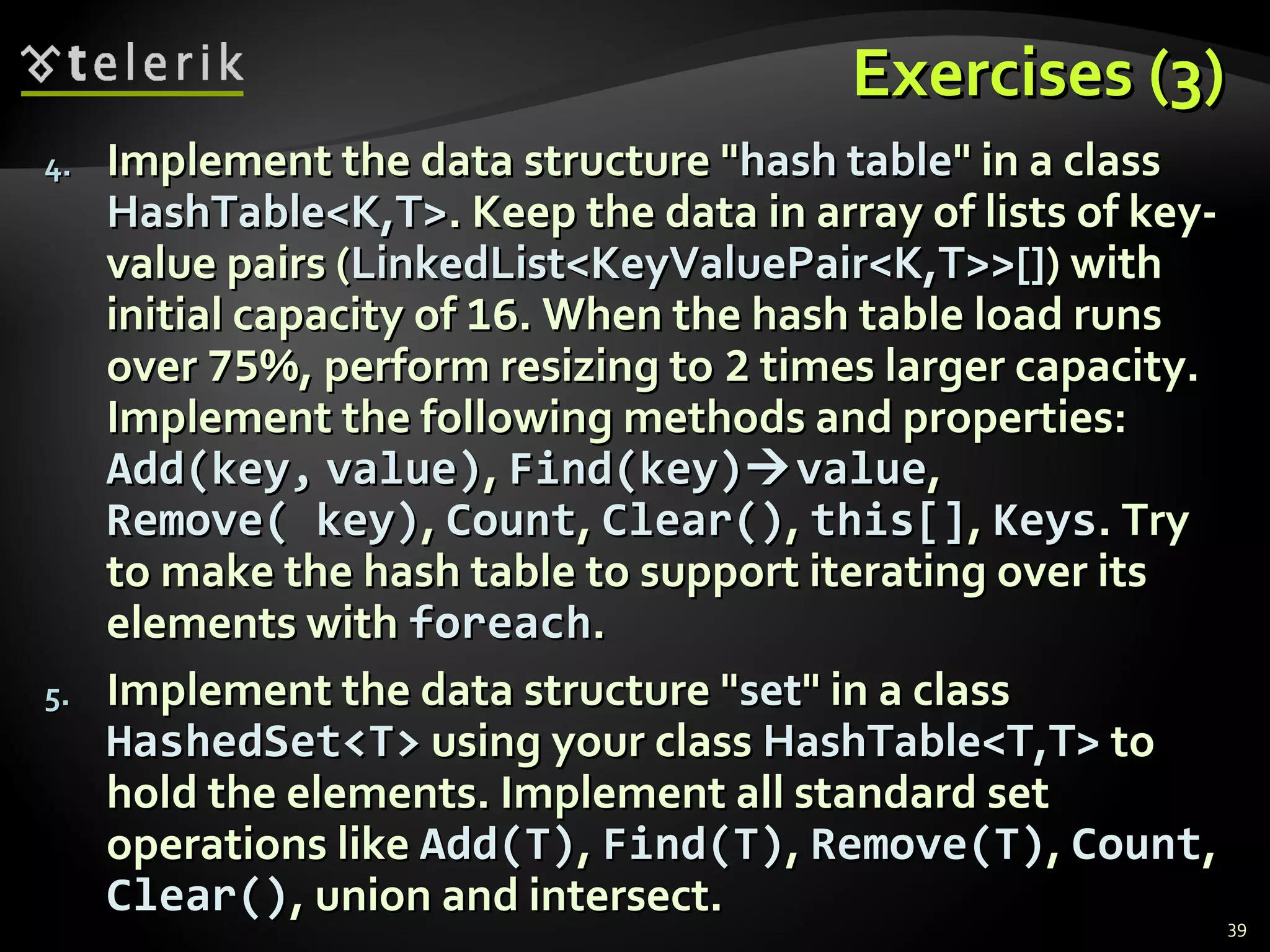 EExxeerrcciisseess ((33)) 
39 
44.. IImmpplleemmeenntt tthhee ddaattaa ssttrruuccttuurree ""hhaasshh ttaabbllee"" iinn aa ccllaassss 
HHaasshhTTaabbllee<<KK,,TT>>.. KKeeeepp tthhee ddaattaa iinn aarrrraayy ooff lliissttss ooff kkeeyy-- 
vvaalluuee ppaaiirrss ((LLiinnkkeeddLLiisstt<<KKeeyyVVaalluueePPaaiirr<<KK,,TT>>>>[[]]) wwiitthh 
iinniittiiaall ccaappaacciittyy ooff 1166.. WWhheenn tthhee hhaasshh ttaabbllee llooaadd rruunnss 
oovveerr 7755%%,, ppeerrffoorrmm rreessiizziinngg ttoo 22 ttiimmeess llaarrggeerr ccaappaacciittyy.. 
IImmpplleemmeenntt tthhee ffoolllloowwiinngg mmeetthhooddss aanndd pprrooppeerrttiieess:: 
AAdddd((kkeeyy,, vvaalluuee)),, Fiinndd((kkeeyy))vvaalluuee,, 
RReemmoovvee(( kkeeyy)),, CCoouunntt,, CClleeaarr(()),, tthhiiss[[]],, KKeeyyss.. TTrryy 
ttoo mmaakkee tthhee hhaasshh ttaabbllee ttoo ssuuppppoorrtt iitteerraattiinngg oovveerr iittss 
eelleemmeennttss wwiitthh ffoorreeaacchh.. 
55.. IImmpplleemmeenntt tthhee ddaattaa ssttrruuccttuurree ""sseett"" iinn aa ccllaassss 
HHaasshheeddSSeett<<TT>> uussiinngg yyoouurr ccllaassss HHaasshhTTaabbllee<<TT,,TT>> ttoo 
hhoolldd tthhee eelleemmeennttss.. IImmpplleemmeenntt aallll ssttaannddaarrdd sseett 
ooppeerraattiioonnss lliikkee AAdddd((TT)),, Fiinndd((TT)),, RReemmoovvee((TT)),, CCoouunntt,, 
CClleeaarr(()),, uunniioonn aanndd iinntteerrsseecctt.. 
