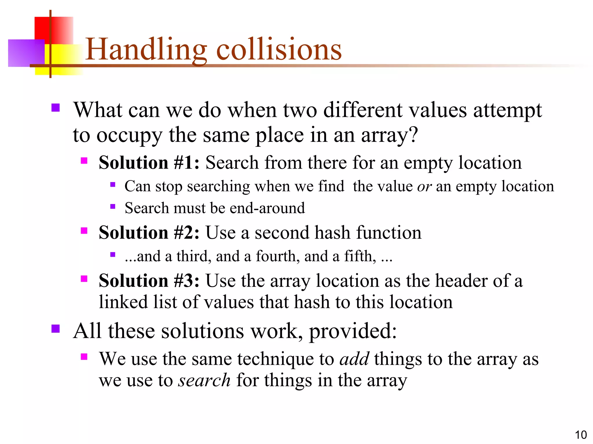 Handling collisions What can we do when two different values attempt to occupy the same place in an array? Solution #1:  Search from there for an empty location Can stop searching when we find  the value  or  an empty location Search must be end-around Solution #2:  Use a second hash function ...and a third, and a fourth, and a fifth, ...  Solution #3:  Use the array location as the header of a linked list of values that hash to this location All these solutions work, provided: We use the same technique to  add  things to the array as we use to  search  for things in the array 