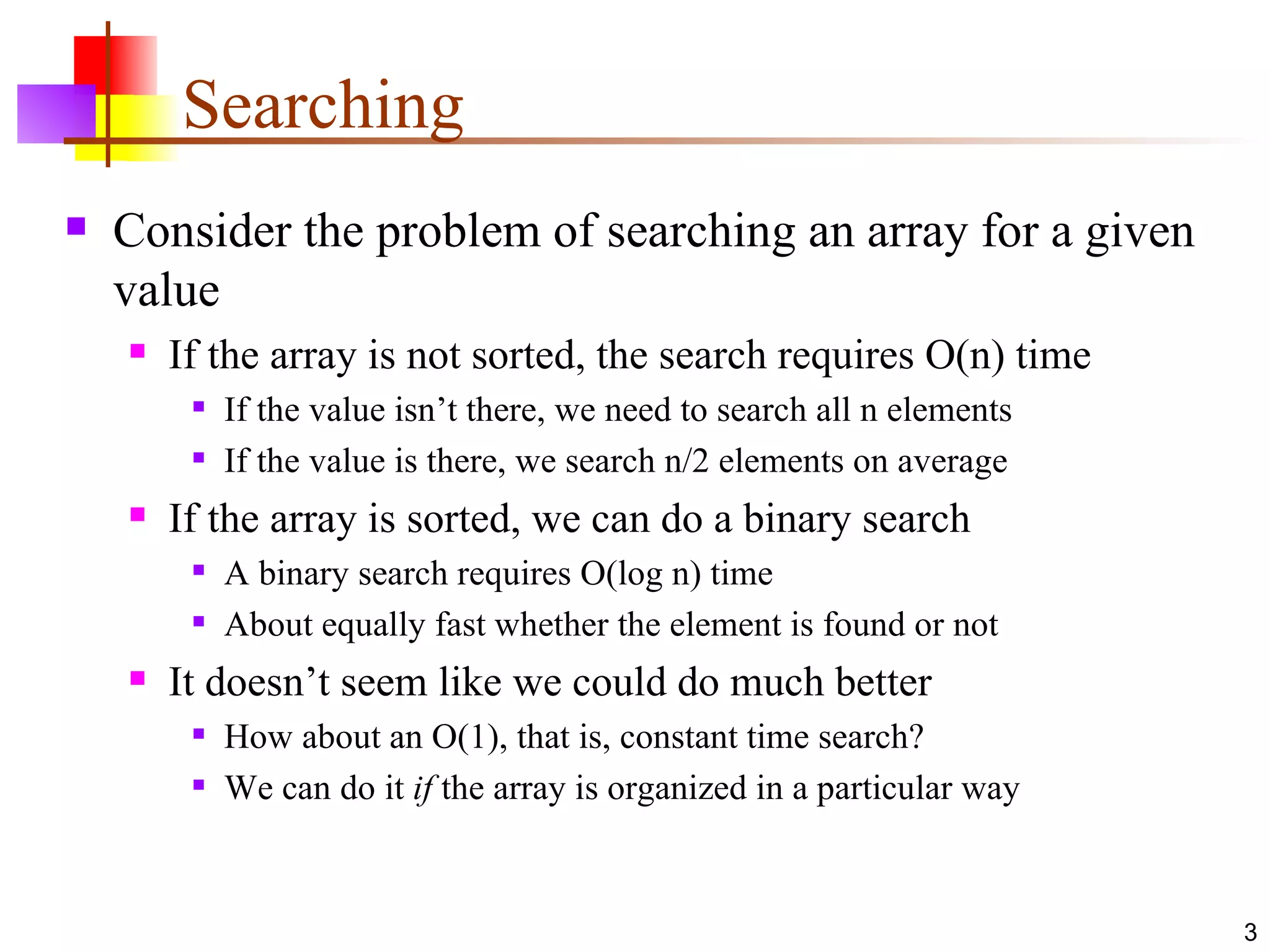 Searching Consider the problem of searching an array for a given value If the array is not sorted, the search requires O(n) time If the value isn’t there, we need to search all n elements If the value is there, we search n/2 elements on average If the array is sorted, we can do a binary search A binary search requires O(log n) time About equally fast whether the element is found or not It doesn’t seem like we could do much better How about an O(1), that is, constant time search? We can do it  if  the array is organized in a particular way 