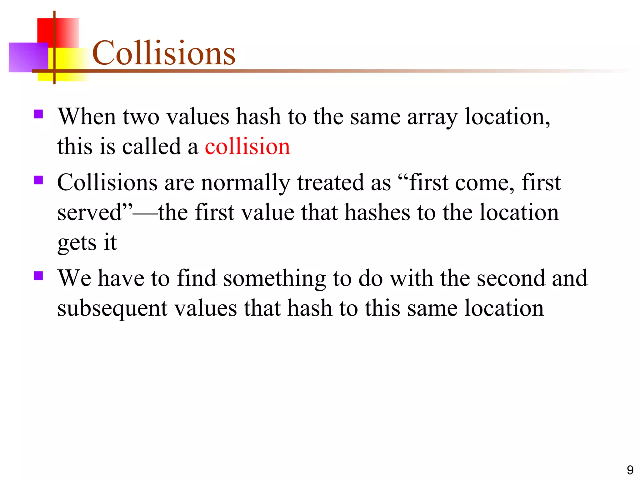 Collisions When two values hash to the same array location, this is called a  collision Collisions are normally treated as “first come, first served”—the first value that hashes to the location gets it We have to find something to do with the second and subsequent values that hash to this same location 