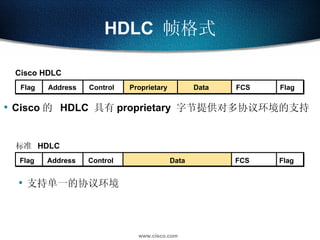 HDLC  帧格式 Flag Address Control Data FCS Flag 标准  HDLC 支持单一的协议环境  Flag Address Control Proprietary Data FCS Flag Cisco HDLC Cisco 的  HDLC  具有 proprietary  字节提供对多协议环境的支持 