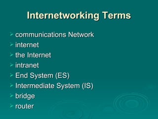 Internetworking Terms communications Network internet the Internet  intranet End System (ES) Intermediate System (IS) bridge router 