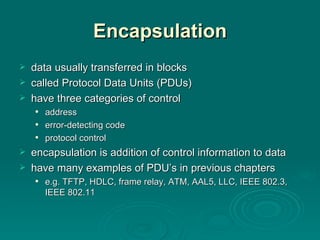 Encapsulation data usually  transferred in blocks   called Protocol  Data Units (PDUs) have three  categories  of control   address error-detecting code protocol control encapsulation  is addition  of control information to data have many examples of PDU’s in previous chapters e.g. TFTP, HDLC, frame relay, ATM ,  AAL5, LLC, IEEE 802.3, IEEE 802.11 