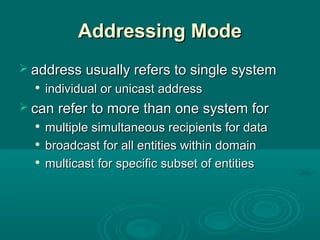 Addressing ModeAddressing Mode
 address usually refers to single systemaddress usually refers to single system

individual or unicast addressindividual or unicast address
 cancan refer to more than one system forrefer to more than one system for

multiple simultaneous recipients for datamultiple simultaneous recipients for data

broadcast for all entities within domainbroadcast for all entities within domain

multicast for specific subset of entitiesmulticast for specific subset of entities
 