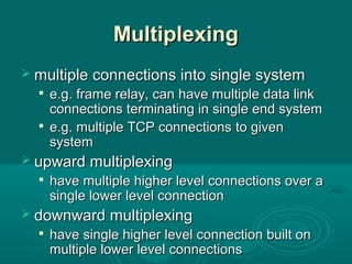 MultiplexingMultiplexing
 multiple connections into single systemmultiple connections into single system

e.g.e.g. frame relay, canframe relay, can havehave multiple data linkmultiple data link
connections terminating in single end systemconnections terminating in single end system

e.g.e.g. multiple TCP connectionsmultiple TCP connections toto givengiven
systemsystem
 upward multiplexingupward multiplexing

have multiple higher level connections over ahave multiple higher level connections over a
single lower level connectionsingle lower level connection
 downwarddownward multiplexingmultiplexing

havehave single higher level connection built onsingle higher level connection built on
multiple lower level connectionsmultiple lower level connections
 