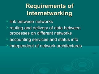 Requirements ofRequirements of
InternetworkingInternetworking
 link between networkslink between networks
 routing and delivery of data betweenrouting and delivery of data between
processes on different networksprocesses on different networks
 accounting services and status infoaccounting services and status info
 independent of network architecturesindependent of network architectures
 