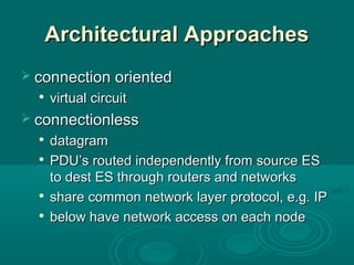 Architectural ApproachesArchitectural Approaches
 connection orientedconnection oriented

virtual circuitvirtual circuit
 connectionlessconnectionless

datagramdatagram

PDU’s routed independently from source ESPDU’s routed independently from source ES
to dest ES through routers and networksto dest ES through routers and networks

share common network layer protocol, e.g. IPshare common network layer protocol, e.g. IP

below have network access on each nodebelow have network access on each node
 