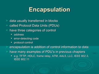 EncapsulationEncapsulation
 data usuallydata usually transferred in blockstransferred in blocks
 called Protocolcalled Protocol Data Units (PDUs)Data Units (PDUs)
 have threehave three categoriescategories of controlof control

addressaddress

error-detecting codeerror-detecting code

protocol controlprotocol control
 encapsulationencapsulation is additionis addition of control information to dataof control information to data
 have many examples of PDU’s in previous chaptershave many examples of PDU’s in previous chapters

e.g. TFTP, HDLC, frame relay, ATMe.g. TFTP, HDLC, frame relay, ATM,, AAL5, LLC, IEEE 802.3,AAL5, LLC, IEEE 802.3,
IEEE 802.11IEEE 802.11
 