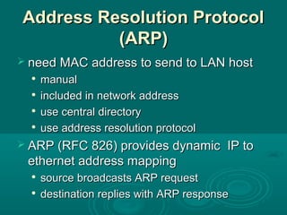 Address Resolution ProtocolAddress Resolution Protocol
(ARP)(ARP)
 need MAC address to send to LAN hostneed MAC address to send to LAN host

manualmanual

included in network addressincluded in network address

use central directoryuse central directory

use address resolution protocoluse address resolution protocol
 ARP (RFC 826) provides dynamic IP toARP (RFC 826) provides dynamic IP to
ethernet address mappingethernet address mapping

source broadcasts ARP requestsource broadcasts ARP request

destination replies with ARP responsedestination replies with ARP response
 