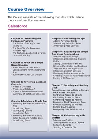 The Course consists of the following modules which include
theory and practical sessions
Course Overview
Chapter 1: Introducing the
Force.com Platform
The Basics of an App's User
Interface
The Benefits of a Force.com
Platform App
The Technologies behind a Force.
com Platform App
Chapter 2: About the Sample
Recruiting App
About Universal Containers
Considerations for the Recruiting
App
Building the App: Our Design
Chapter 3: Reviewing Database
Concepts
What's a Database?
What's in a Database?
What's a Relational Database?
Summary of Database Concepts
Chapter 4:Building a Simple App
Becoming Familiar with the Setup
Area
Introducing Apps
Introducing Objects
Introducing Tabs
Becoming Familiar with Setup
Detail Pages and Related Lists
Introducing Fields
Chapter 5: Enhancing the App
Adding Advanced Fields
Introducing Validation Rules
Introducing Page Layouts
Chapter 6: Expanding the Simple
App Using Relationships
Introducing Relationships
Introducing Relationship Custom
Fields
Adding Candidates to the Mix
Bringing Candidates and Positions
Together with Job Applications
Introducing Search Layouts
Managing Review Assessments
Creating aMany-to-ManyRelationship
Putting it All Together
Chapter 8: Collaborating with
Chatter
Introducing Chatter
Tracking Fields on Your Objects
Following Records
Starting a Group or Two
Chapter 7: Securing and Sharing
Data
Controlling Access to Data in Our App
Data Access Concepts
Controlling Access to Objects
Controlling Access to Fields
Controlling Access to Records
Displaying Field Values and Page
Layouts According to Profiles
Putting It All Together
Delegating Data Administration
Salesforce
 