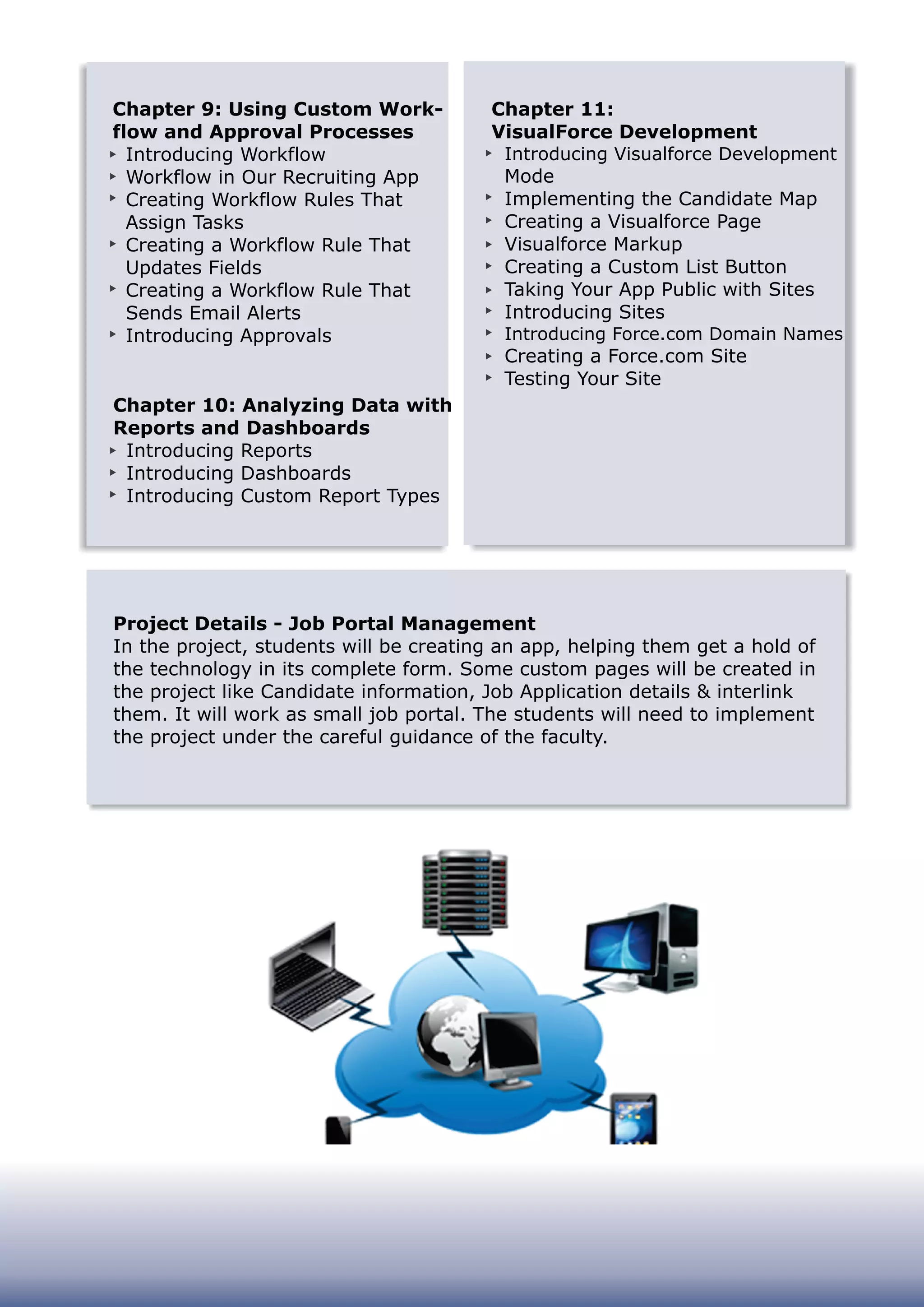 Chapter 9: Using Custom Work-
flow and Approval Processes
Introducing Workflow
Workflow in Our Recruiting App
Creating Workflow Rules That
Assign Tasks
Creating a Workflow Rule That
Updates Fields
Creating a Workflow Rule That
Sends Email Alerts
Introducing Approvals
Chapter 10: Analyzing Data with
Reports and Dashboards
Introducing Reports
Introducing Dashboards
Introducing Custom Report Types
Chapter 11:
VisualForce Development
Introducing Visualforce Development
Mode
Implementing the Candidate Map
Creating a Visualforce Page
Visualforce Markup
Creating a Custom List Button
Taking Your App Public with Sites
Introducing Sites
Introducing Force.com Domain Names
Creating a Force.com Site
Testing Your Site
Project Details - Job Portal Management
In the project, students will be creating an app, helping them get a hold of
the technology in its complete form. Some custom pages will be created in
the project like Candidate information, Job Application details & interlink
them. It will work as small job portal. The students will need to implement
the project under the careful guidance of the faculty.
 