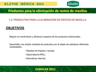 Productos para la eliminación de restos de masillas

 1.3- PRODUCTOS PARA LA ELIMINACIÓN DE RESTOS DE MASILLA.


OBJETIVOS

 Mejorar en rendimiento y eficiencia respecto de los productos tradicionales.


 Desarrollar una amplia variedad de productos con el objeto de satisfacer diferentes
 necesidades:
                 - Rapidez de limpieza / secado.
                 - Salud laboral (PRL).
                 - Normativas internas.




                            EUROCAR 2011 
 