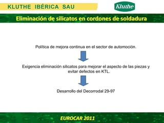 Eliminación de silicatos en cordones de soldadura



         Política de mejora continua en el sector de automoción.



  Exigencia eliminación silicatos para mejorar el aspecto de las piezas y
                            evitar defectos en KTL.



                     Desarrollo del Decorrodal 29-97




                       EUROCAR 2011 
 