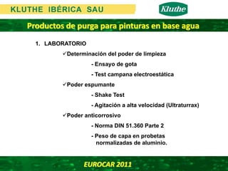 Productos de purga para pinturas en base agua
  1. LABORATORIO
          Determinación del poder de limpieza
                   - Ensayo de gota
                   - Test campana electroestática
          Poder espumante
                   - Shake Test
                   - Agitación a alta velocidad (Ultraturrax)
          Poder anticorrosivo
                   - Norma DIN 51.360 Parte 2
                   - Peso de capa en probetas
                     normalizadas de aluminio.


               EUROCAR 2011 
 