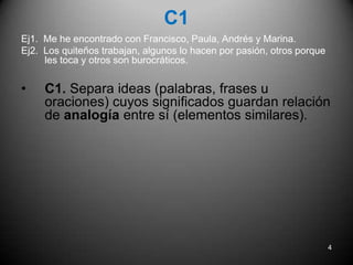 C1Ej1.  Me he encontrado con Francisco, Paula, Andrés y Marina.Ej2.  Los quiteños trabajan, algunos lo hacen por pasión, otros porque les toca y otros son burocráticos.C1. Separa ideas (palabras, frases u oraciones) cuyos significados guardan relación de analogía entre sí (elementos similares).4