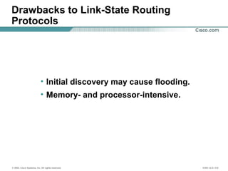 © 2002, Cisco Systems, Inc. All rights reserved. ICND v2.0—5-9
Drawbacks to Link-State Routing
Protocols
• Initial discovery may cause flooding.
• Memory- and processor-intensive.
 
