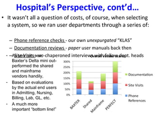 Hospital’s Perspective, cont’d… It wasn’t all a question of costs, of course, when selecting a system, so we ran user departments through a series of:  Phone reference checks  - our own  unexpurgated  “KLAS” Documentation reviews  -  paper  user manuals back then Site Visits  -  un -chaperoned interviews with fellow dept. heads As you can see, Baxter’s Delta mini out-performed the shared and mainframe vendors handily, Based on evaluations by the actual end users in Admitting, Nursing, Billing, Lab, GL, etc. A much more important “bottom line!” 