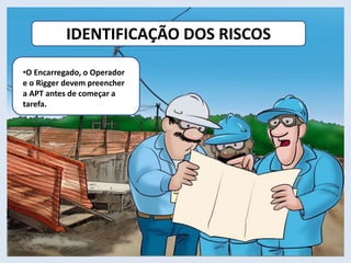 IDENTIFICAÇÃO DOS RISCOS
•O Encarregado, o Operador
e o Rigger devem preencher
a APT antes de começar a
tarefa.
 