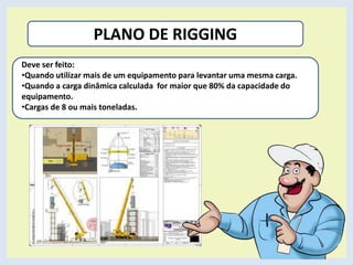 PLANO DE RIGGING
Deve ser feito:
•Quando utilizar mais de um equipamento para levantar uma mesma carga.
•Quando a carga dinâmica calculada for maior que 80% da capacidade do
equipamento.
•Cargas de 8 ou mais toneladas.
 