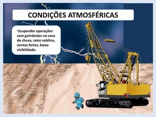 CONDIÇÕES ATMOSFÉRICAS
•Suspender operações
com guindastes no caso
de chuva, raios neblina,
ventos fortes, baixa
visibilidade.
 
