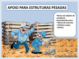 APOIO PARA ESTRUTURAS PESADAS
•Nunca use objetos de
resistência
desconhecida como:
• Blocos de concreto.
• Cilindros vazios.
• Rochas.
 