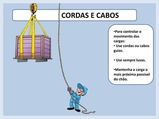 CORDAS E CABOS
•Para controlar o
movimento das
cargas:
• Use cordas ou cabos
guias.
• Use sempre luvas.
•Para controlar o
movimento das
cargas:
• Use cordas ou cabos
guias.
• Use sempre luvas.
•Mantenha a carga o
mais próxima possível
do chão.
 