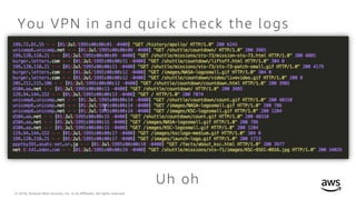© 2018, Amazon Web Services, Inc. or its Affiliates. All rights reserved.
You VPN in and quick check the logs
Uh oh
 