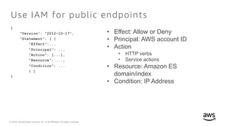 © 2018, Amazon Web Services, Inc. or its Affiliates. All rights reserved.
Use IAM for public endpoints
{
"Version": "2012-10-17",
"Statement": [ {
"Effect":...
"Principal": ...
"Action": [...],
"Resource": ...,
"Condition": ...
} ]
}
• Effect: Allow or Deny
• Principal: AWS account ID
• Action
• HTTP verbs
• Service actions
• Resource: Amazon ES
domain/index
• Condition: IP Address
 