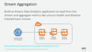 © 2018, Amazon Web Services, Inc. or its Affiliates. All rights reserved. Amazon Confidential and Trademark
Stream Aggregation
Build an Kinesis Data Analytics application to read from the
stream and aggregate metrics like unicorn health and distance
traveled each minute.
https://dataprocessing.wildrydes.com/streaming-aggregation.html
 